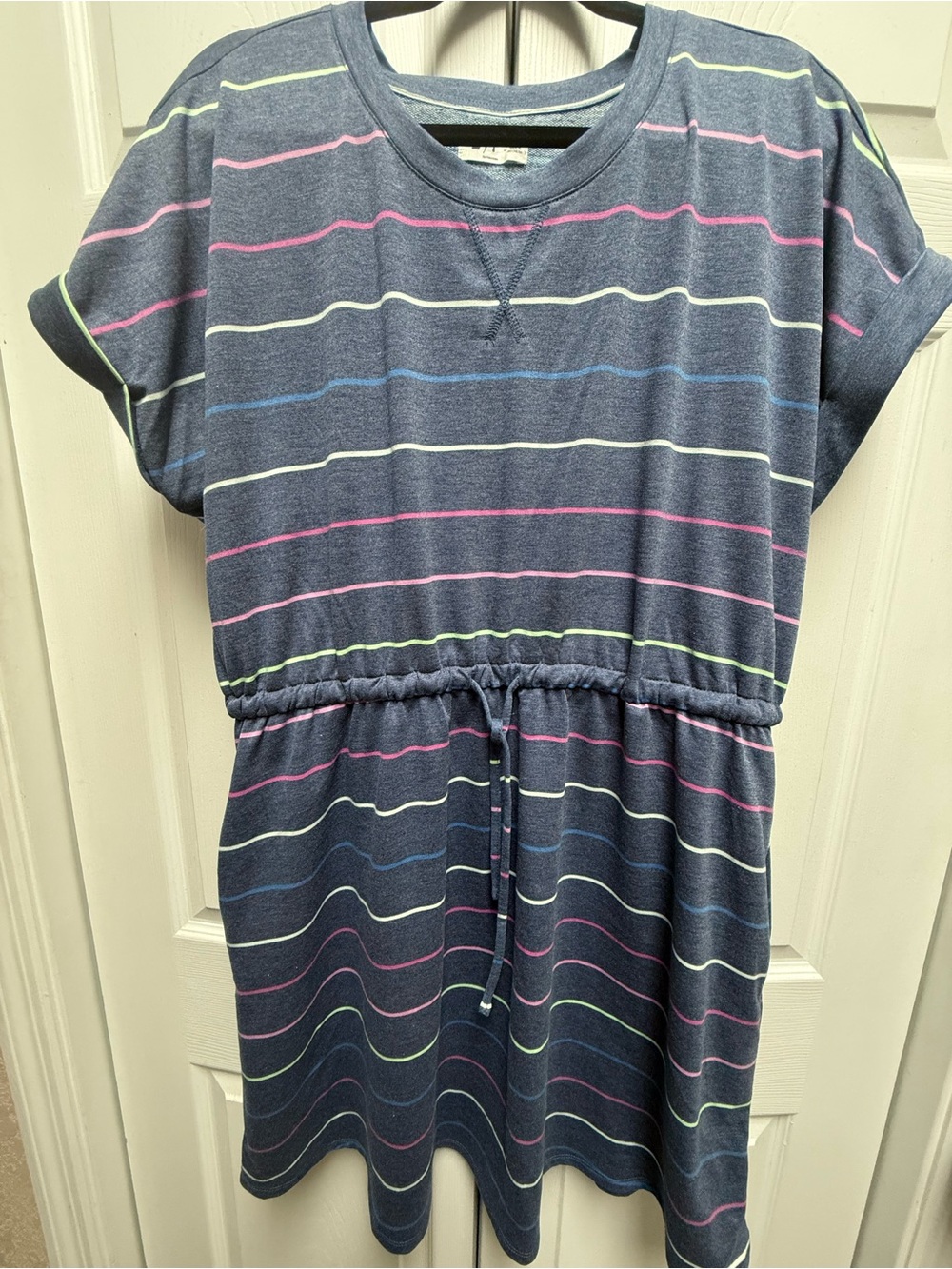 Casual Navy Stripe Drawstring Waist Dress - Blue